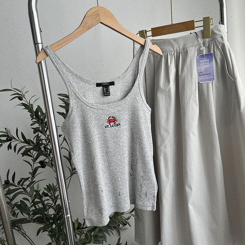 外贸女装 夏季清凉棉质螺纹显瘦灰色吊带背心