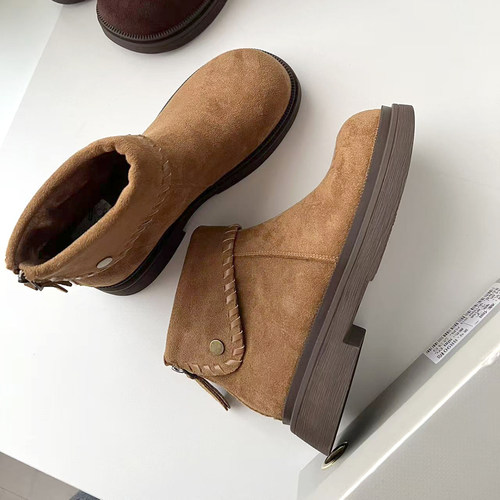 复古英伦风 秋冬女鞋加绒保暖棉靴圆头厚底短靴马丁靴