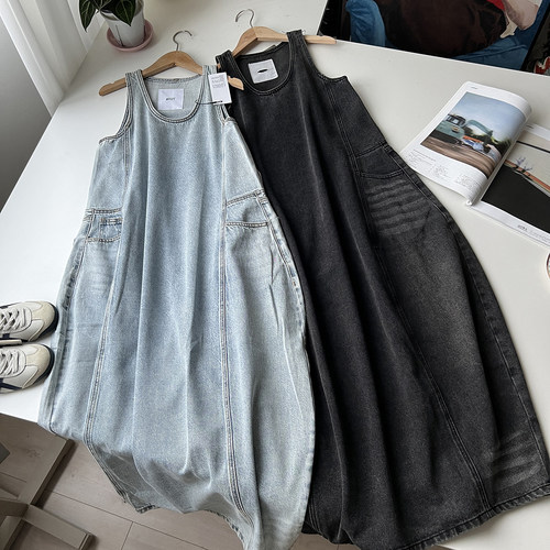 复古时髦感水洗柔软牛仔背心裙