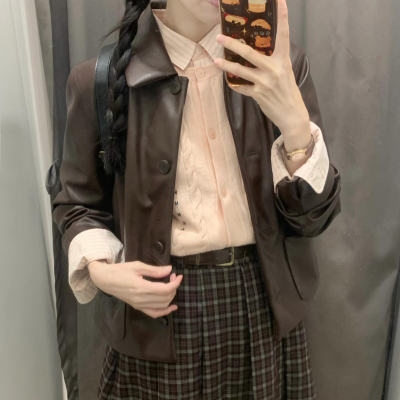 北野U家仿皮短茄克翻领夹克
