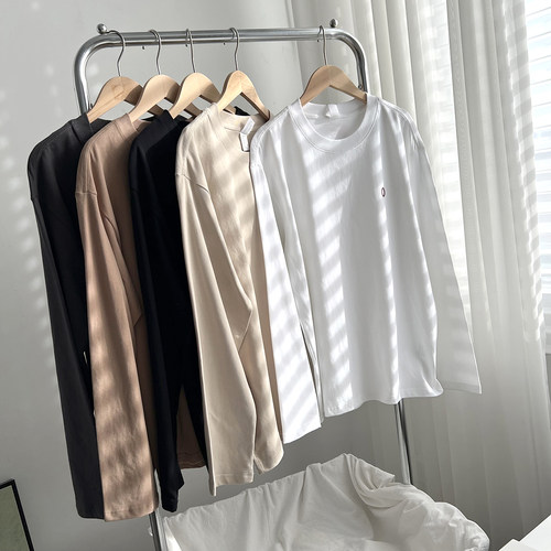 全棉磨毛 秋冬男士简约百搭纯色圆领厚款保暖宽松打底长袖T恤