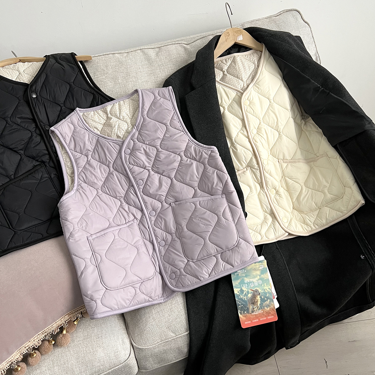 绵羊毛夹层保暖马甲 秋冬女装三明治叠穿轻暖菱格背心