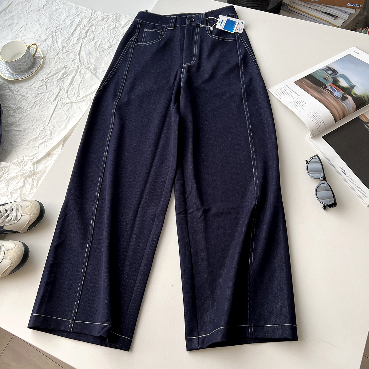 篙质感 垂坠感强 高腰显瘦宽松阔腿裤时髦复古弯刀牛仔裤女款