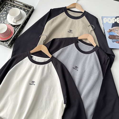 功能型运动速干衣 吸湿排汗 男士时髦休闲撞色拼接插肩袖长袖T恤