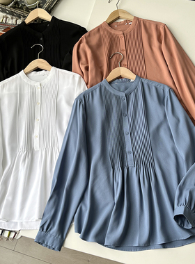 日单女装复古法式风琴打褶长袖花式云朵衬衫BY46114