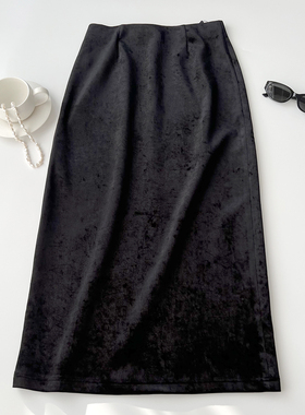 一触倾心 微光天鹅绒 冰裂纹抓花 秋冬女款加厚金丝绒直筒半身裙