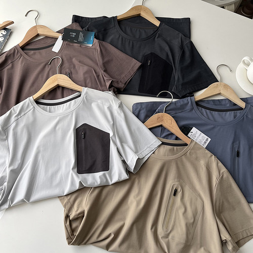 清凉冰丝 机能风 夏季男士压胶口袋拼接圆领短袖运动速干T恤