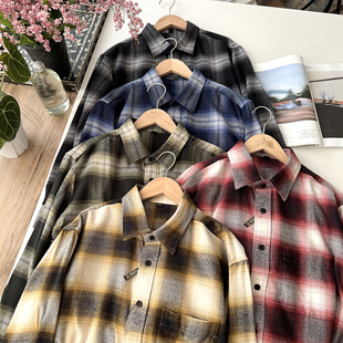 全棉水洗磨毛！秋冬男款亲肤保暖复古渐变晕染休闲格子长袖衬衫