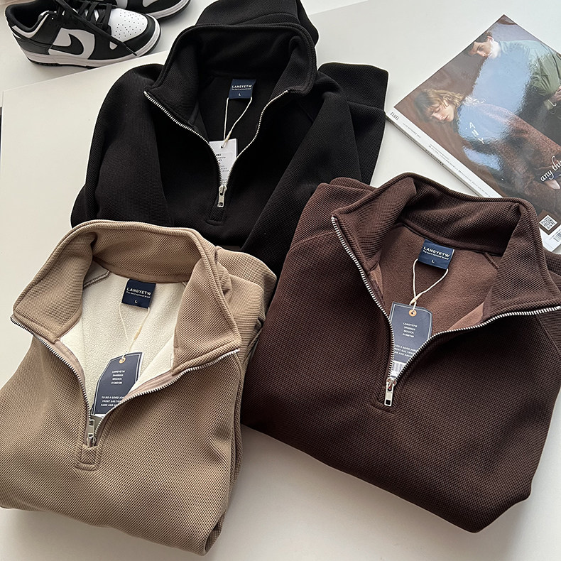 时髦休闲加绒半拉链套头卫衣