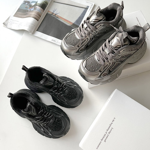 复古老爹鞋 冬季女鞋烫钻加绒保暖厚底增高休闲鞋