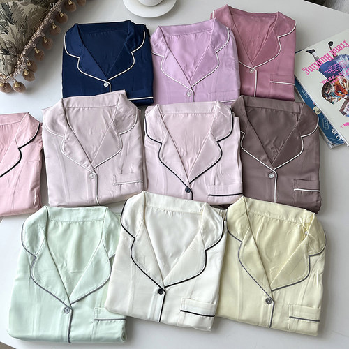 女装睡衣(缎纹)纯色翻领长袖长裤秋冬复古起居服套装BY31341