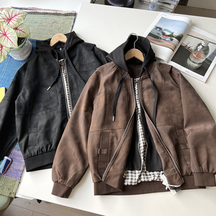 复古斑驳超纤皮 秋季男款时髦工装风可脱卸连帽夹克外套皮衣