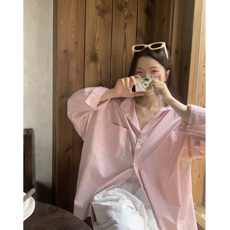粉色条纹衬衫薄外套上衣女款春秋上衣