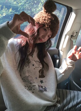 张贝贝ibell新疆长绒棉小狗数码印花卫衣圆领落肩百搭长袖上衣女