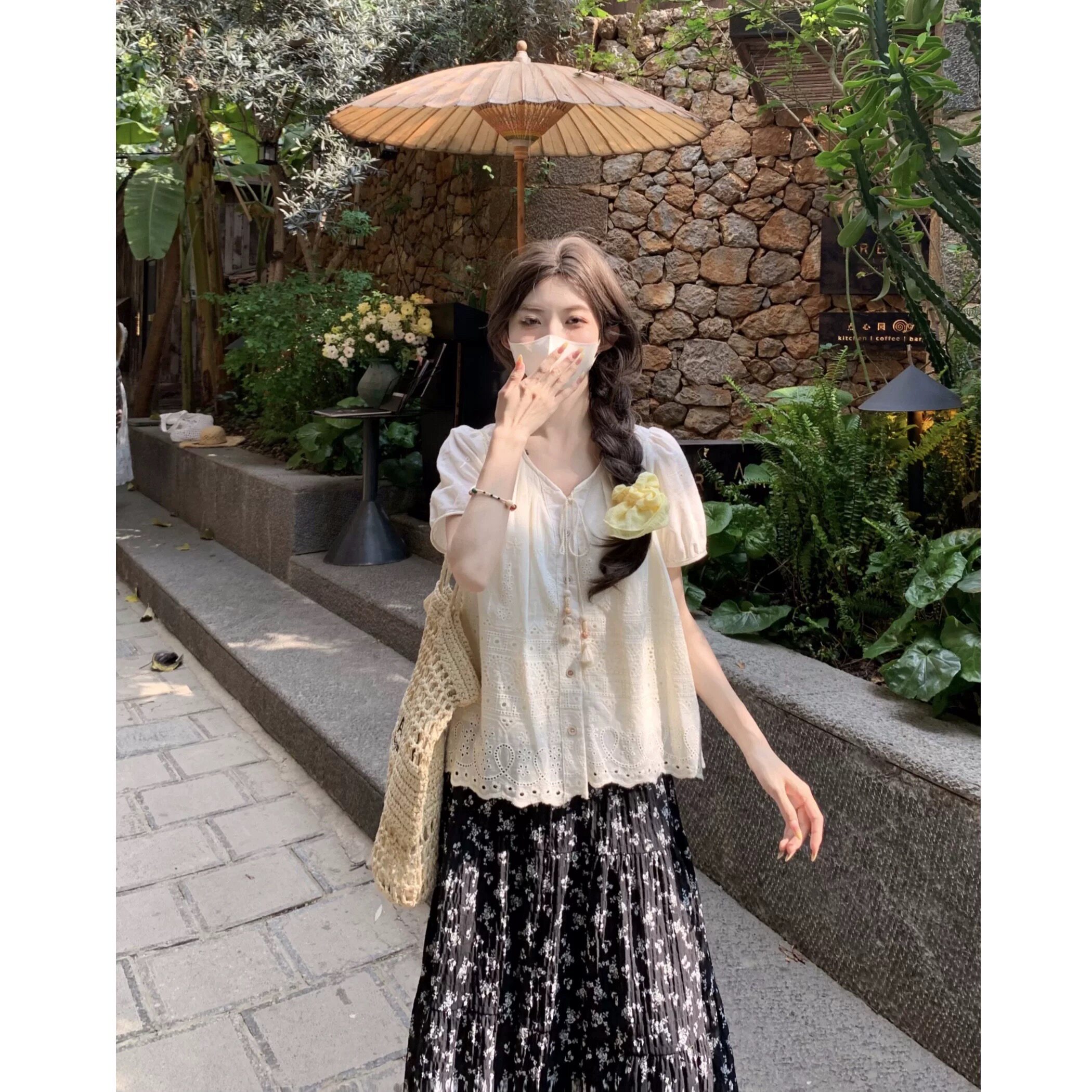 法式短袖棉麻衬衫女夏季2025新款蓝色泡泡袖宽松休闲甜美小衫上衣