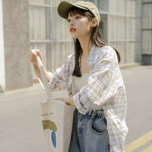 韩版宽松格子防晒衬衫女夏季2022新款复古港风小清新开衫外套上衣