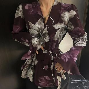 港风高级气质收腰绑带垫肩喇叭袖衬衫女秋季薄款百搭豹纹印花上衣