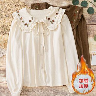加绒加厚系带百搭别致小衫 新款 上衣 女春秋季 娃娃领刺绣灯芯绒衬衫
