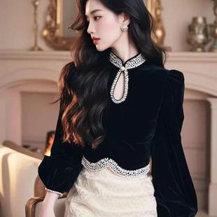黑色高级感立领丝绒衬衫长袖T恤女秋冬新款独特气质绝美短款上衣