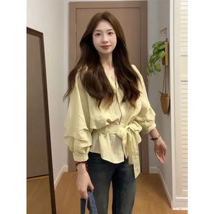 女宽松腰带收腰灯笼袖 秋季 设计轻薄透气慵懒气质衬衫 时尚 衬衣 韩版