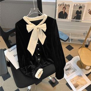 法式赫本蝴蝶结系带丝绒衬衫女秋冬气质单排扣短款木耳边黑色上衣