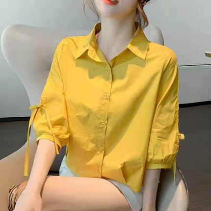 纯棉中袖衬衫女夏季2025年新款洋气时尚时髦系带灯笼袖小衫上衣潮