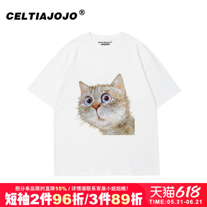 复古chic港风设计感小众学院风猫咪印花短袖t恤女oversize大码夏