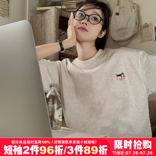 设计感小众腊肠狗花灰色短袖t恤女2026新款宽松纯棉正肩半袖打底