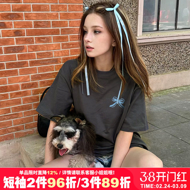 2026春夏新款vintage美式盐系甜酷深灰色正肩纯棉短袖t恤女内搭潮