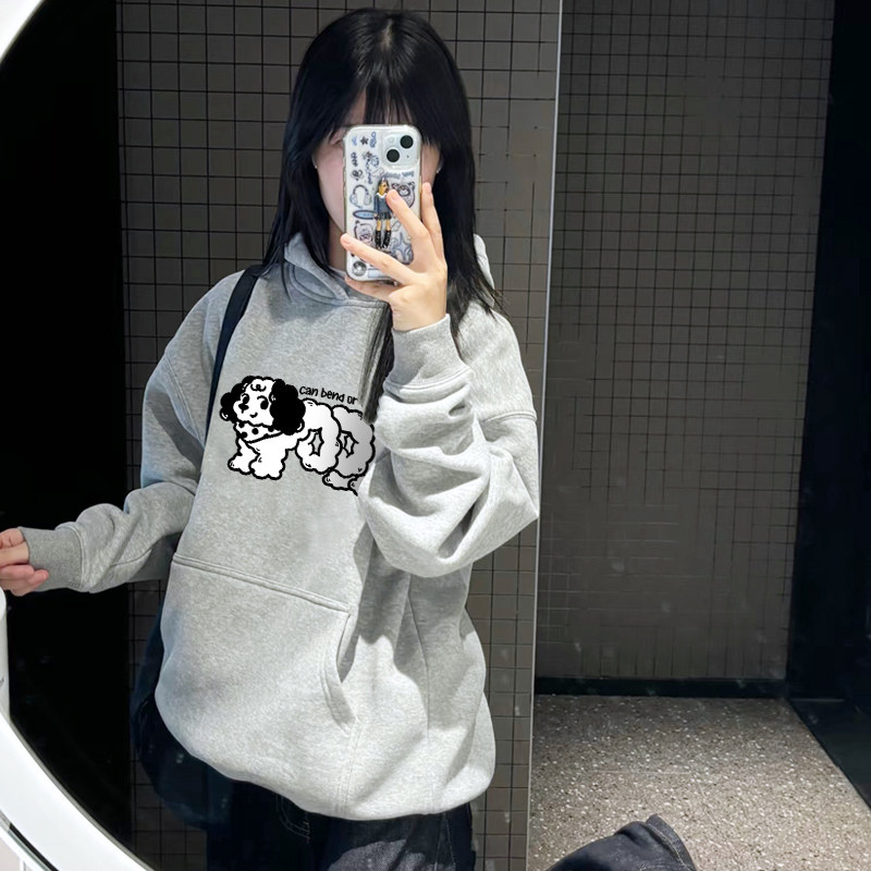 韩系ins学院风灰色连帽卫衣女2026秋冬加绒加厚狗狗印花帽衫外套