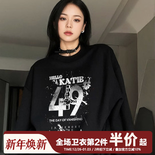 oversize大版 宽松黑色卫衣女hiphop街头嘻哈风设计感潮牌重磅上衣