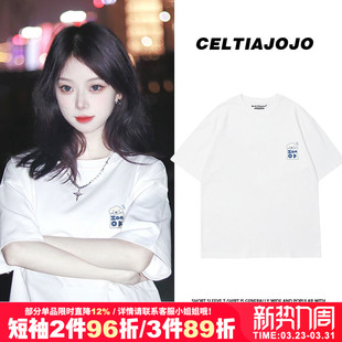 潮 女夏季 甜酷chic小众设计感卡通狗狗印花纯棉白色短袖 t恤打底衫