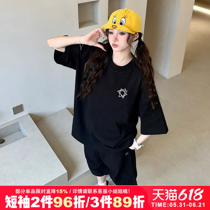 小众chic简约设计感潮牌重磅黑色短袖t恤bf风大码情侣装圆领上衣