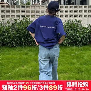 ulzzang宽松小众美式复古潮牌字母印花纯棉藏蓝色短袖t恤bf情侣装