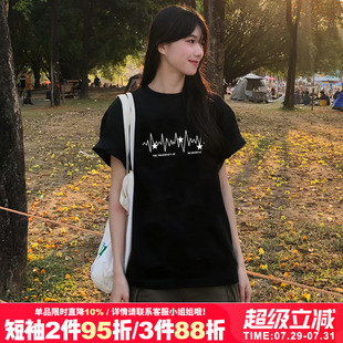 复古chic小众慵懒风设计感线条印花黑色短袖 t恤2025夏季 新款 半袖