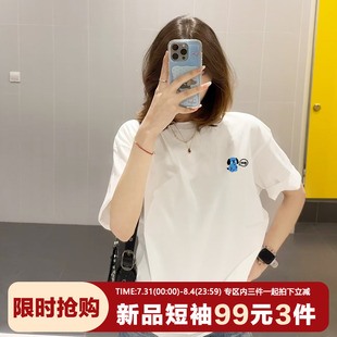 t恤ins风半袖 oversize宽松小众慵懒风简约卡通印花白色纯棉短袖 潮