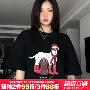 夏 美式 复古小众设计感ins潮牌黑色正肩短袖 t恤女宽松大码 纯棉半袖