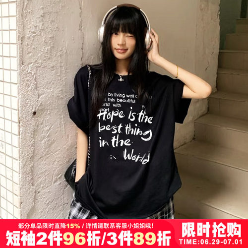 ins风宽松复古设计感字母短袖