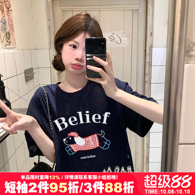 2025夏季新款ulzzang小众复古格子腊肠狗印花藏蓝色短袖t恤上衣女