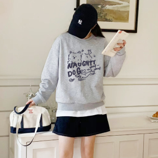 ulzzang慵懒风复古灰色套头卫衣女大码女装chic秋冬加绒加厚外套