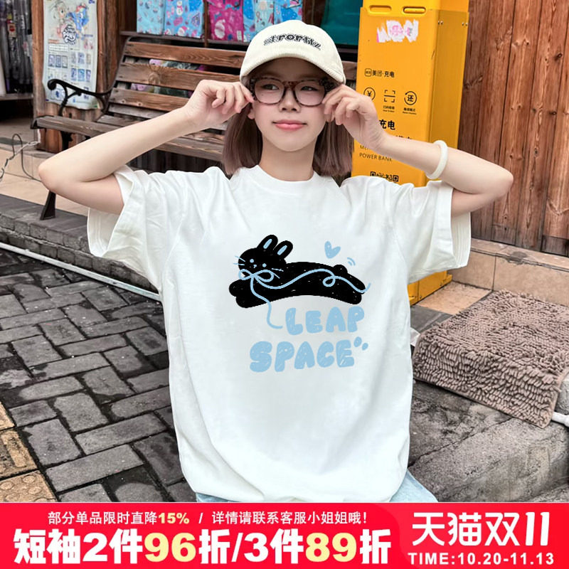 2026春夏新款日系甜美风白色短袖t恤女小众兔子印花纯棉正肩上衣