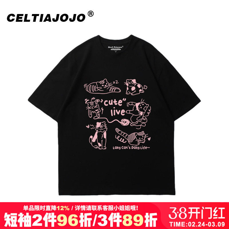 2026春夏新款甜妹韩系玛丽珍ins小众正肩猫咪印花纯棉黑色短袖t恤