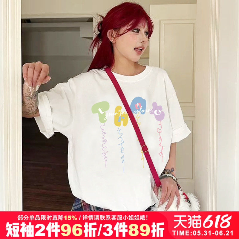 美式复古chic慵懒风设计感字母印花短袖t恤oversize情侣装上衣潮