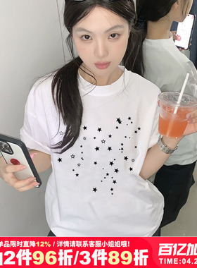 2026夏季新款小众ins韩系印花纯棉花白色短袖t恤上衣半袖休闲百搭