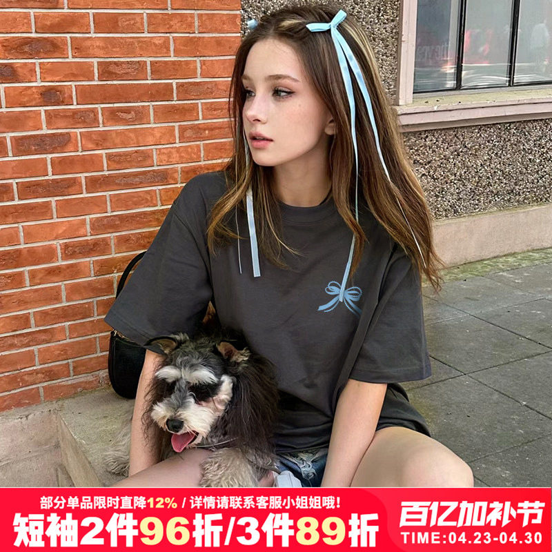 2026春夏新款vintage美式盐系甜酷深灰色正肩纯棉短袖t恤女内搭潮