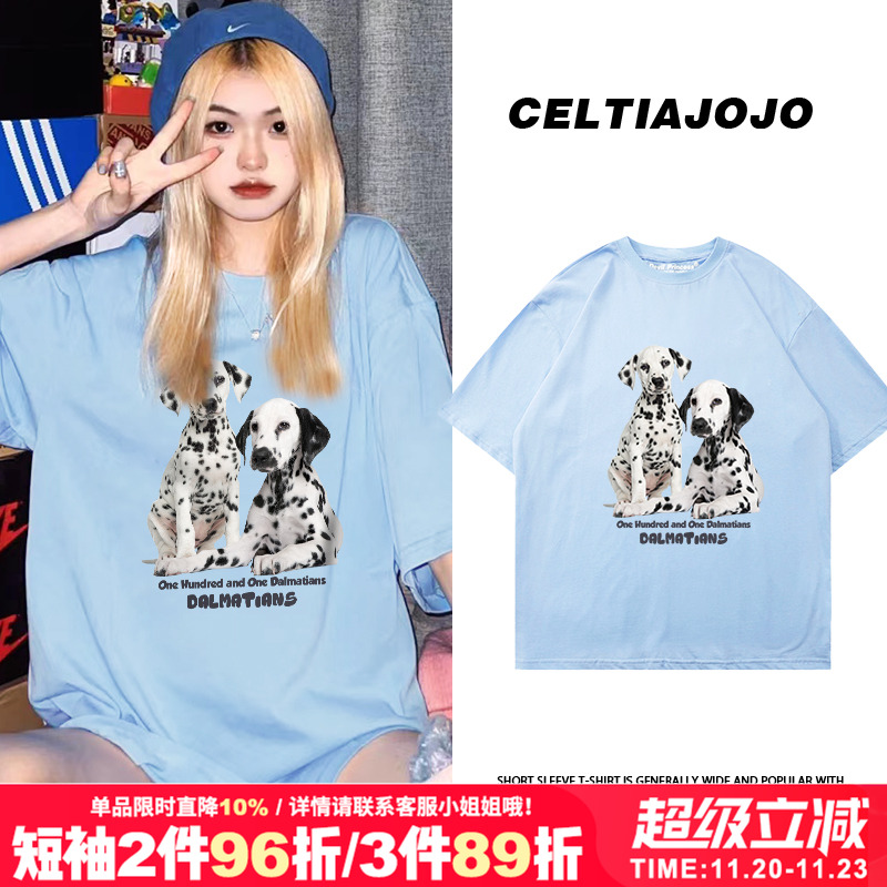 chic小众狗狗印花设计感短袖T恤bf风宽松奶蓝色显白甜酷少女感夏