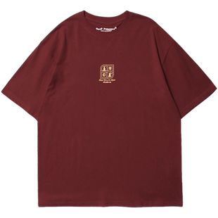 oversize韩版美式兔年国潮酒红色T恤女vintage原宿风圆领短袖上衣