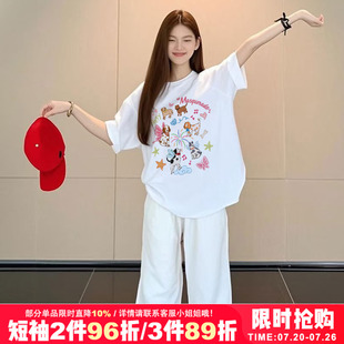 oversize小众涂鸦狗狗印花韩系小个子大码慵懒风纯棉白色短袖t恤