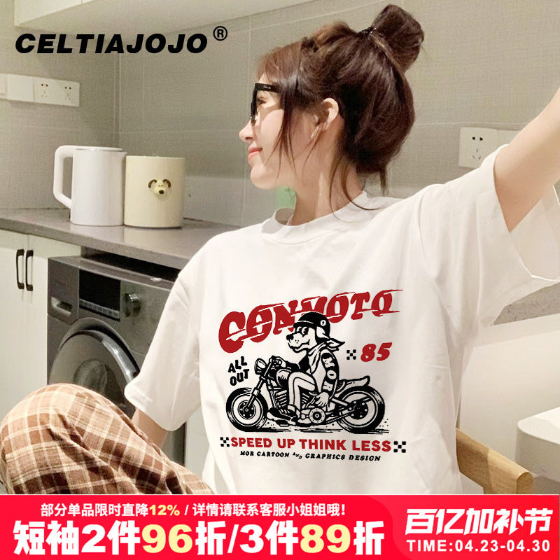 复古chic港风小众卡通狗狗印花美式古着纯棉白色短袖t恤衫夏季女