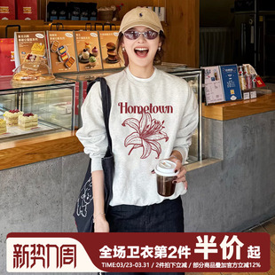 vintage美式 复古宽松慵懒风重磅花灰色套头圆领卫衣女休闲百搭秋